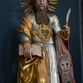 Übersaxen, Pfarrkirche Hl. Bartholomäus, Bartholomäus Statue mit eigener gehäuteter Haut und Messer