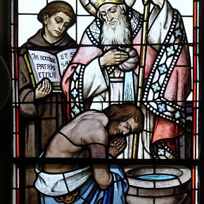 Müselbach (Alberschwende), Herzen Jesu und Mariae, St. Rupert, 1941, ​Gewidmet von Gebhard Dür und Angelika Sohm und deren Kindern 1941, Tiroler Glasmalerei
