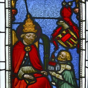 Viktorsberg, St. Viktor, Graf Rudolf IV von Montfort mit Kirchenmodell vor Papst Viktor, mit Montfortwappen, Mitte 15. Jh.