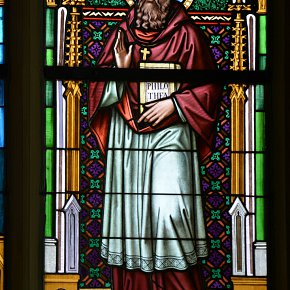 Weiler, Pfarrkirche zum Heiligsten Herzen Jesu, hl. Franz von Sales, Tiroler Glasmalerei